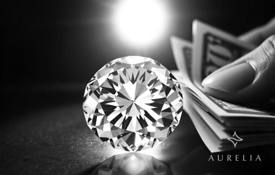 A close-up of a large, flawless diamond under a bright spotlight on a glass surface. To the side, a hand holding a stack of hundred-dollar bills is partially visible, symbolizing the sale of luxury goods. The background is dark to make the diamond and money pop.
