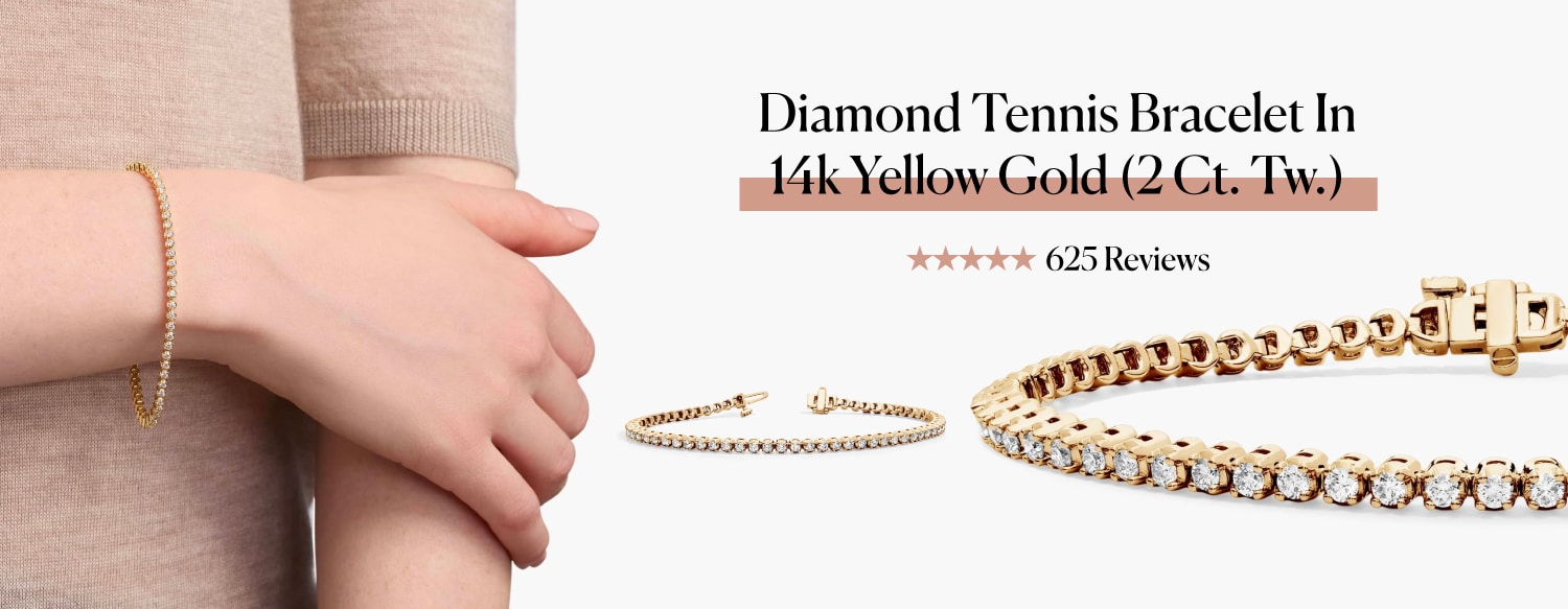 A model wearing the classic Diamond Tennis Bracelet in 14k Yellow Gold from Blue Nile, next to detailed studio shots of the bracelet and its clasp.