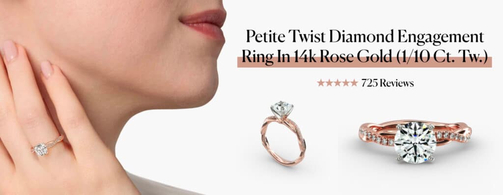 A woman wearing the Blue Nile Petite Twist Diamond Engagement Ring in 14k Rose Gold on her finger, next to two studio shots of the ring.