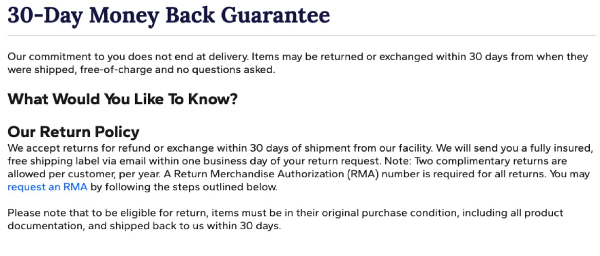 A screenshot of Blue Nile's 30-Day Money Back Guarantee and their detailed, no-questions-asked return policy.