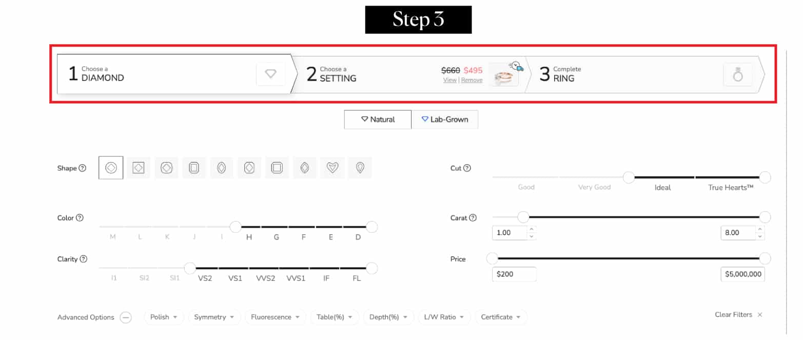 A screenshot of the James Allen 'Choose a Diamond' page with a red box highlighting the 3-step ring building process: Diamond, Setting, and Complete Ring.