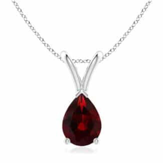 Elegant pear-shaped garnet solitaire pendant in silver, gold, or platinum. Perfect January birthstone gift for birthdays, anniversaries, or weddings.