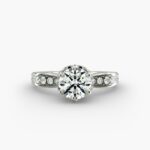 Discover the stunning 6 prong pave hidden halo three stone ring in 14K white gold, featuring 30 round diamonds in a timeless design.