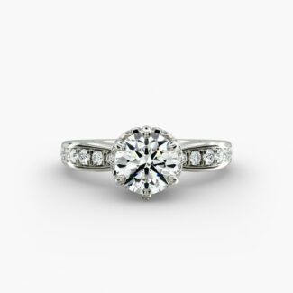 Discover the stunning 6 prong pave hidden halo three stone ring in 14K white gold, featuring 30 round diamonds in a timeless design.