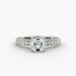 Discover the elegant asscher kite with prongs on sides ring in 14K white gold, featuring 16 round diamonds in a stunning pave setting.