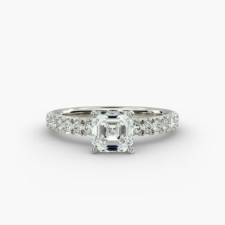Discover the elegant asscher kite with prongs on sides ring in 14K white gold, featuring 16 round diamonds in a stunning pave setting.
