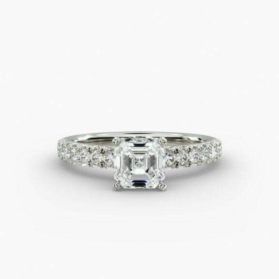 Discover the elegant asscher kite with prongs on sides ring in 14K white gold, featuring 16 round diamonds in a stunning pave setting.