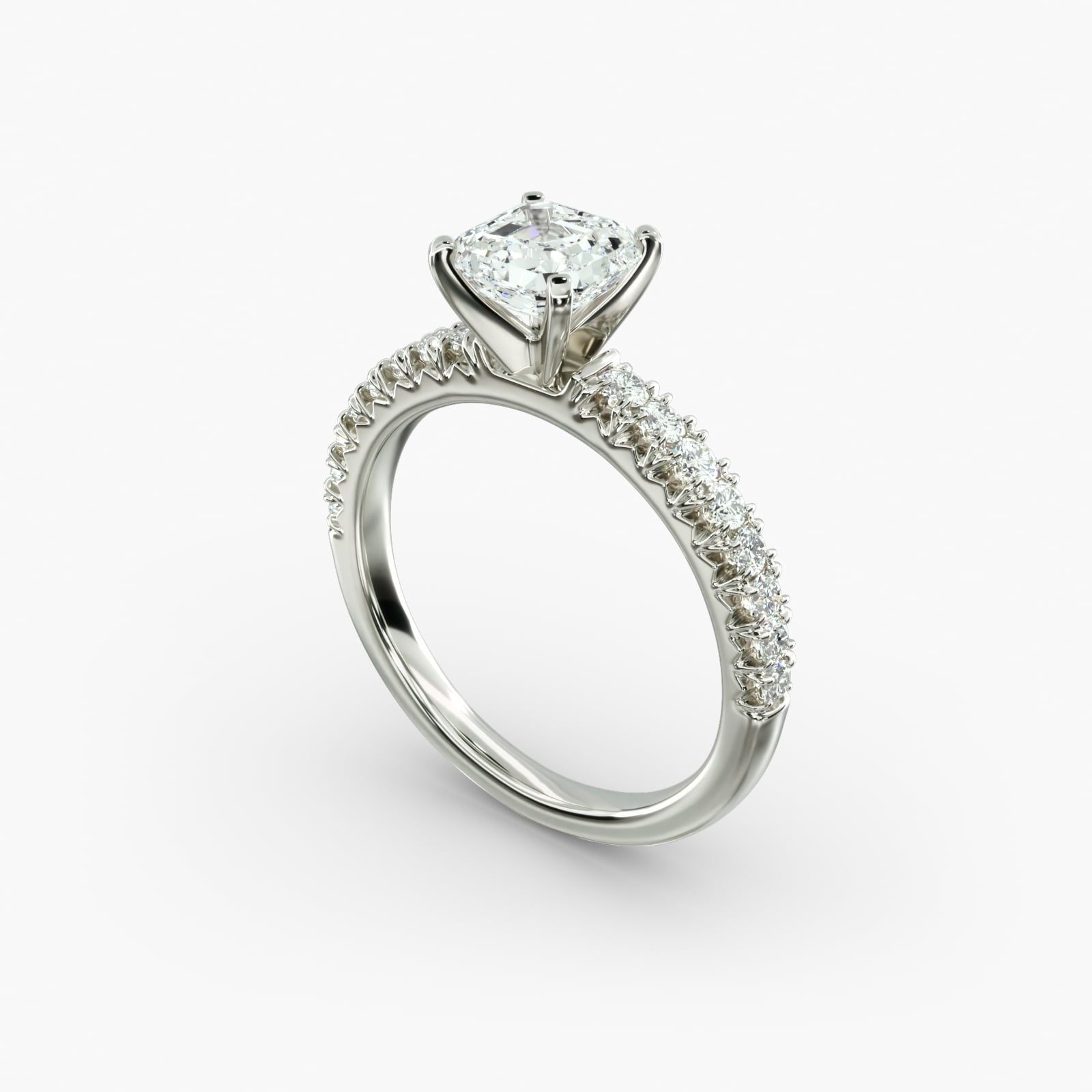 asscher kite with prongs on sides 2 Discover the elegant asscher kite with prongs on sides ring in 14K white gold, featuring 16 round diamonds in a stunning pave setting.
