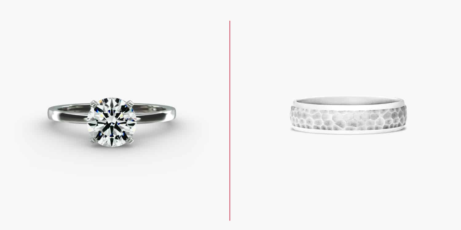 A hammered-finish wedding band next to a polished solitaire engagement ring creates a dynamic and stylish pairing.