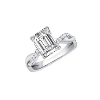 Elegant emerald cut moissanite engagement ring featuring a twisted pave band with natural diamond accents in 14k white gold. Made in the USA.