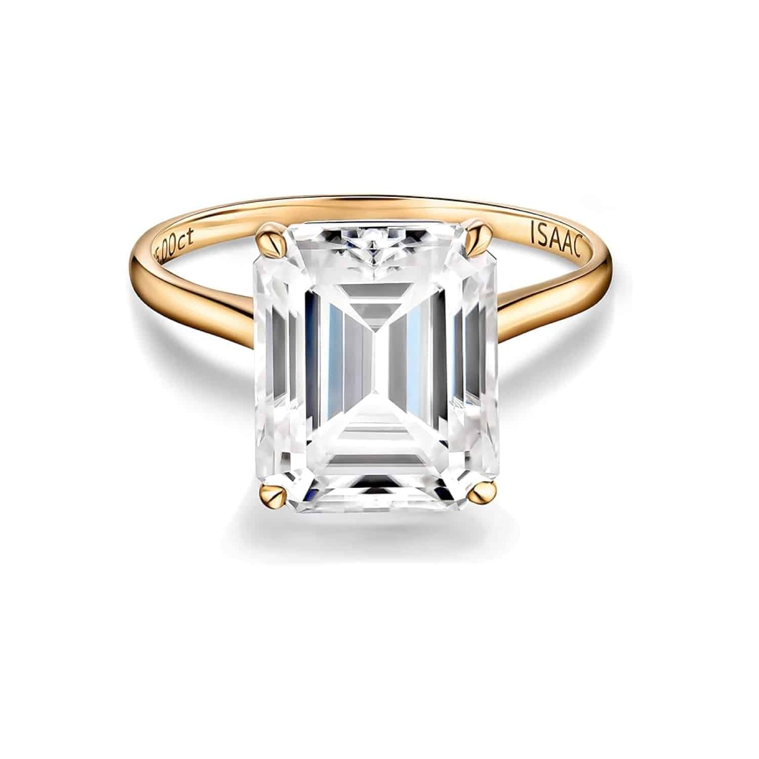 emerald-cut-moissanite-ring--4 Stunning 5 carat emerald cut moissanite solitaire ring in natural 14k gold from ISAAC WOLF. Perfect for special occasions.