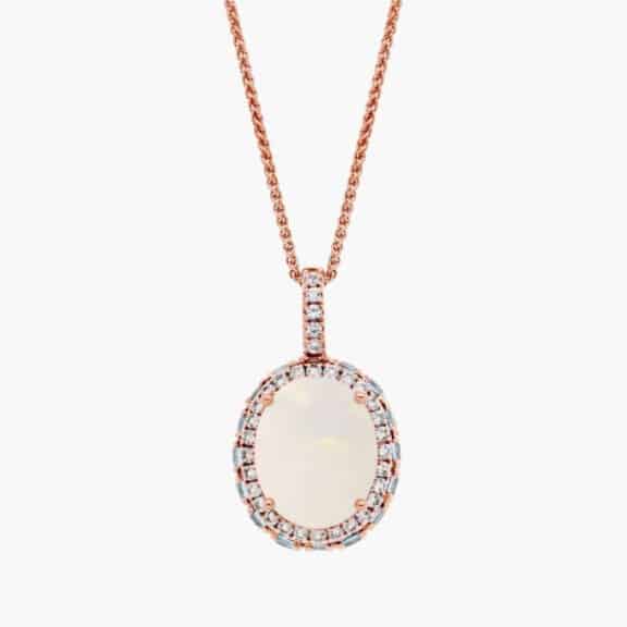 Oval Opal with Blue and White Topaz Halo Pendant in 14k Rose Gold