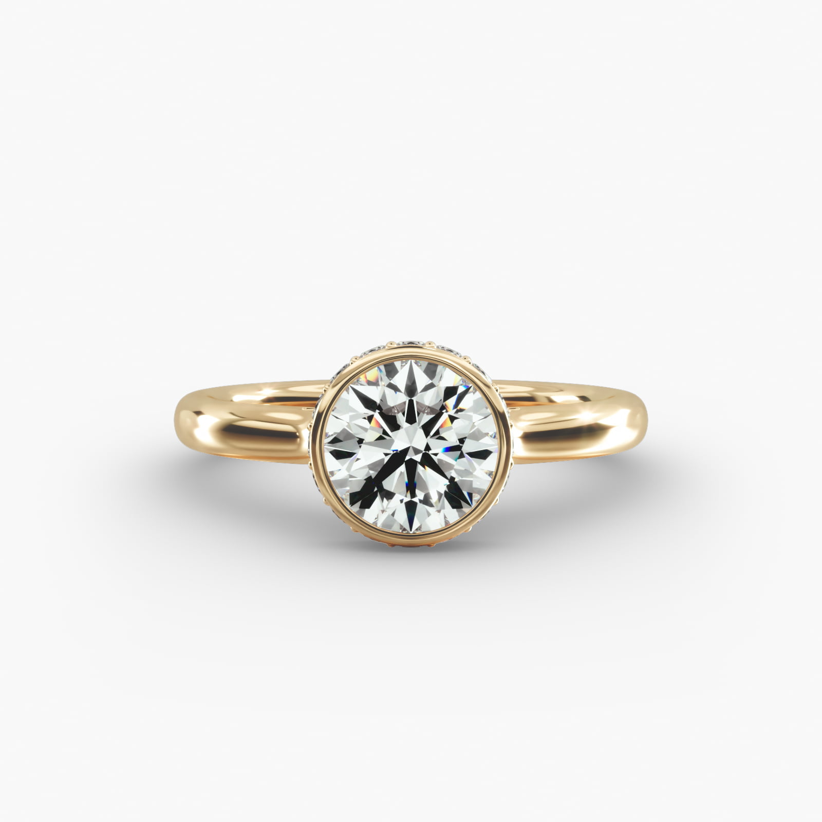 Pavé Crown Bezel Solitaire Engagement Ring In 14K Yellow Gold The Pavé Crown Bezel Solitaire hidden halo engagement ring in 14k yellow gold.
