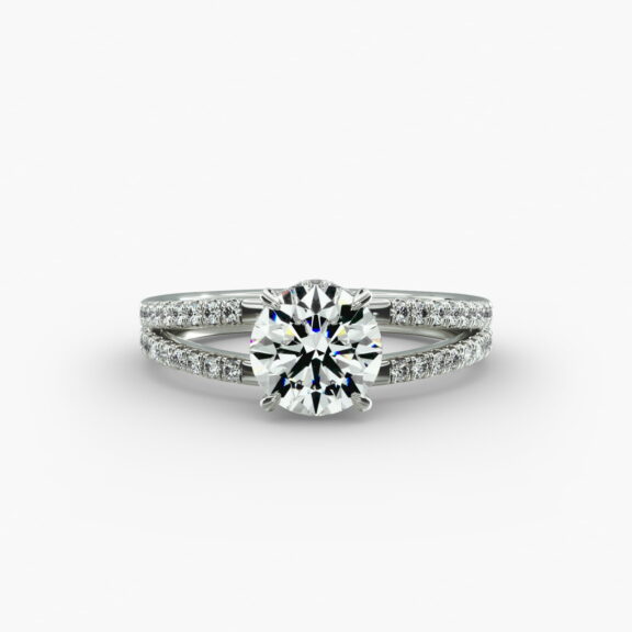 The Split Shank Ribbon Pavé hidden halo engagement ring in 14k white gold.