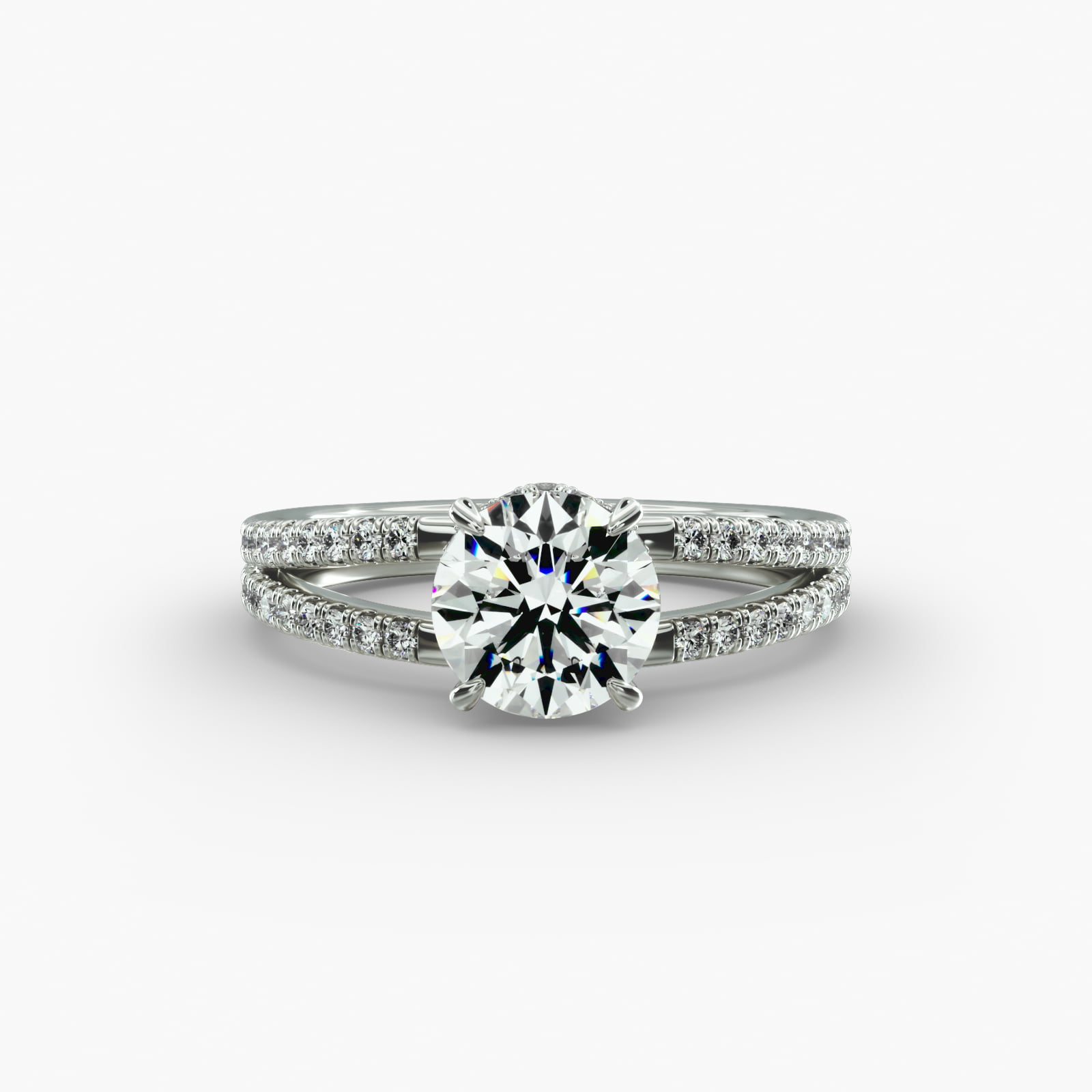 The Split Shank Ribbon Pavé hidden halo engagement ring in 14k white gold.