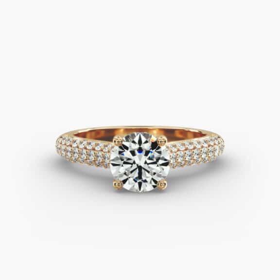 The Triple Row Pavé Cathedral hidden halo engagement ring in 14k yellow gold.