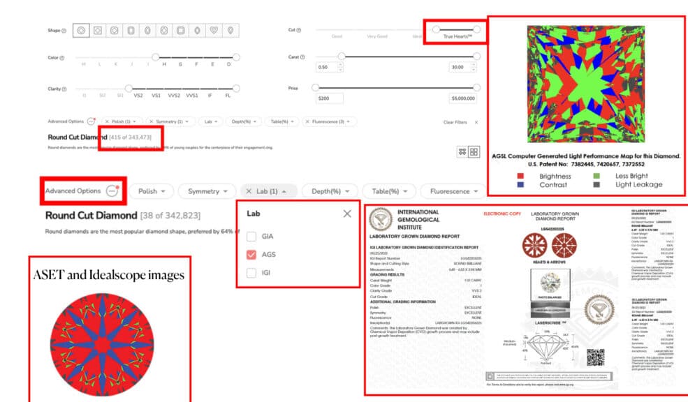 An infographic for diamond shoppers, showing how to use the James Allen website filters to select True Hearts diamonds and how to analyze the ASET, Idealscope, and AGS lab reports to verify cut quality.