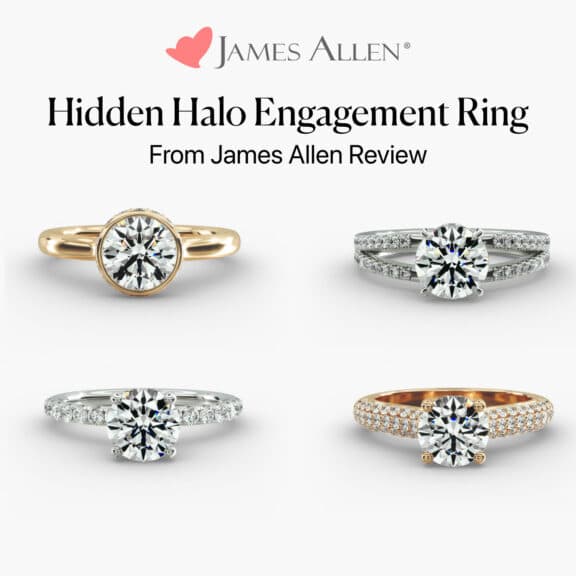 A collage of four different hidden halo engagement rings from James Allen, showcasing various styles like bezel-set, split shank, and pavé bands in different metals.