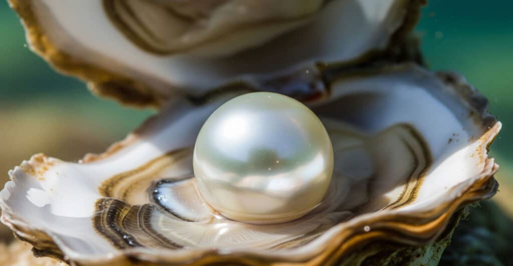 A close-up, macro shot of a large, perfectly round white pearl with excellent luster, nestled inside the iridescent nacre of an open oyster shell underwater.