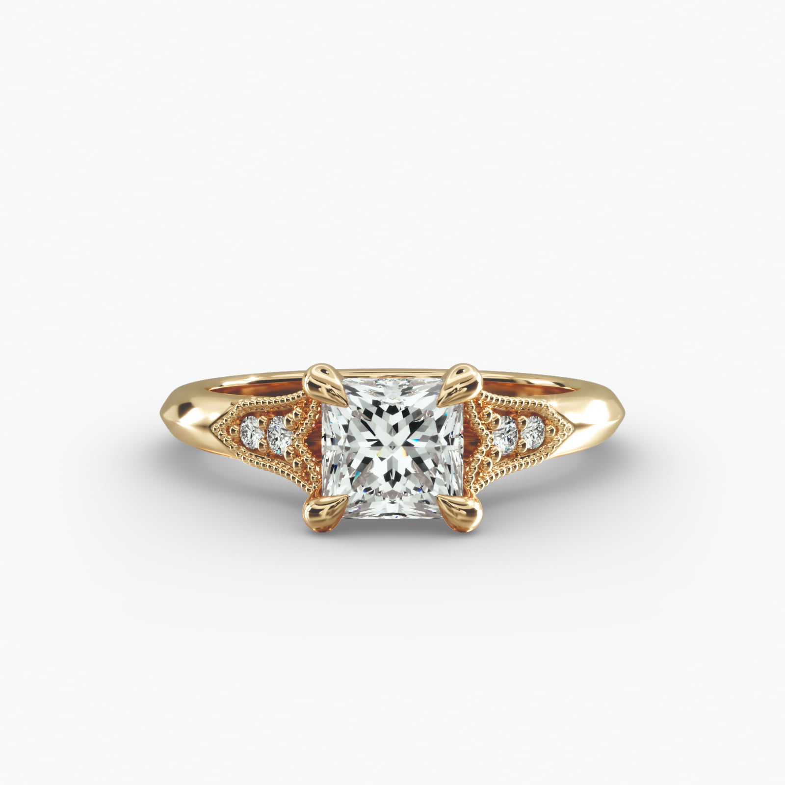 3.03 Ct Princess Diamond Art Deco Engagement Ring in Yellow Gold A macro shot of a GIA 3.03 carat princess diamond vintage-style ring on a white background, highlighting the intricate fleur-de-lis pavé details and the stunning clarity of the diamond.
