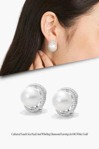 Cultured South Sea Pearl and Whirling Diamond Earrings – Wedding Jewelry Ideas for Bride