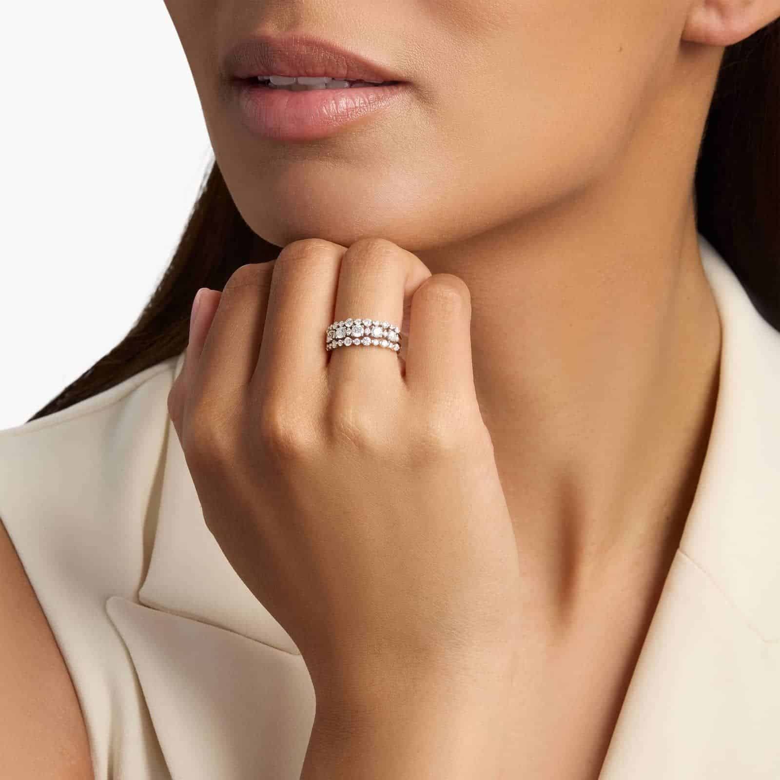 Diamond Three-Row Alternating Fashion Ring in 14k White Gold 2 A model's hand wearing the brilliant 1-carat three-row diamond ring, showcasing its substantial width and sparkle as a right-hand statement piece.