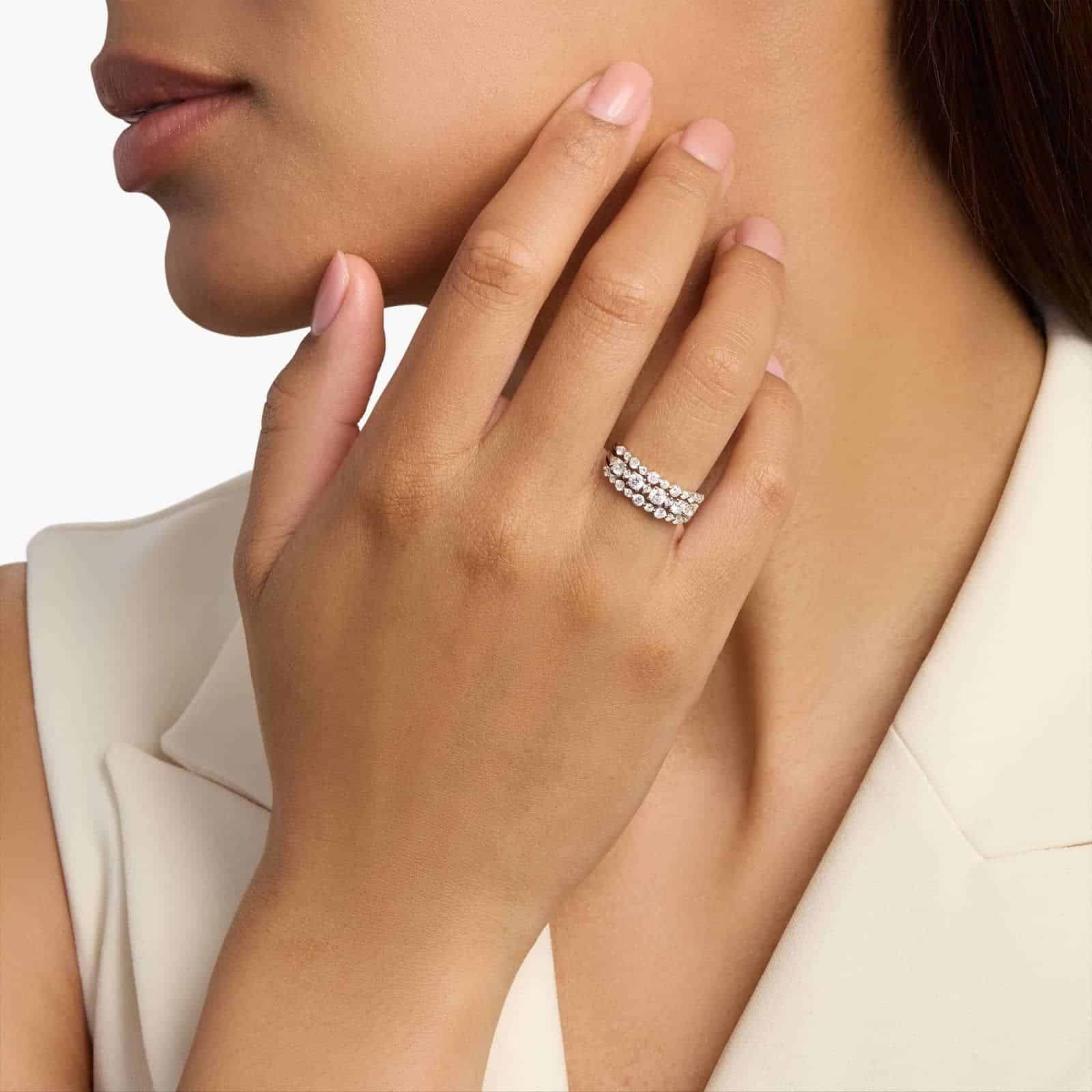 Diamond Three-Row Alternating Fashion Ring in 14k White Gold 3 A model's hand wearing the brilliant 1-carat three-row diamond ring, showcasing its substantial width and sparkle as a right-hand statement piece.