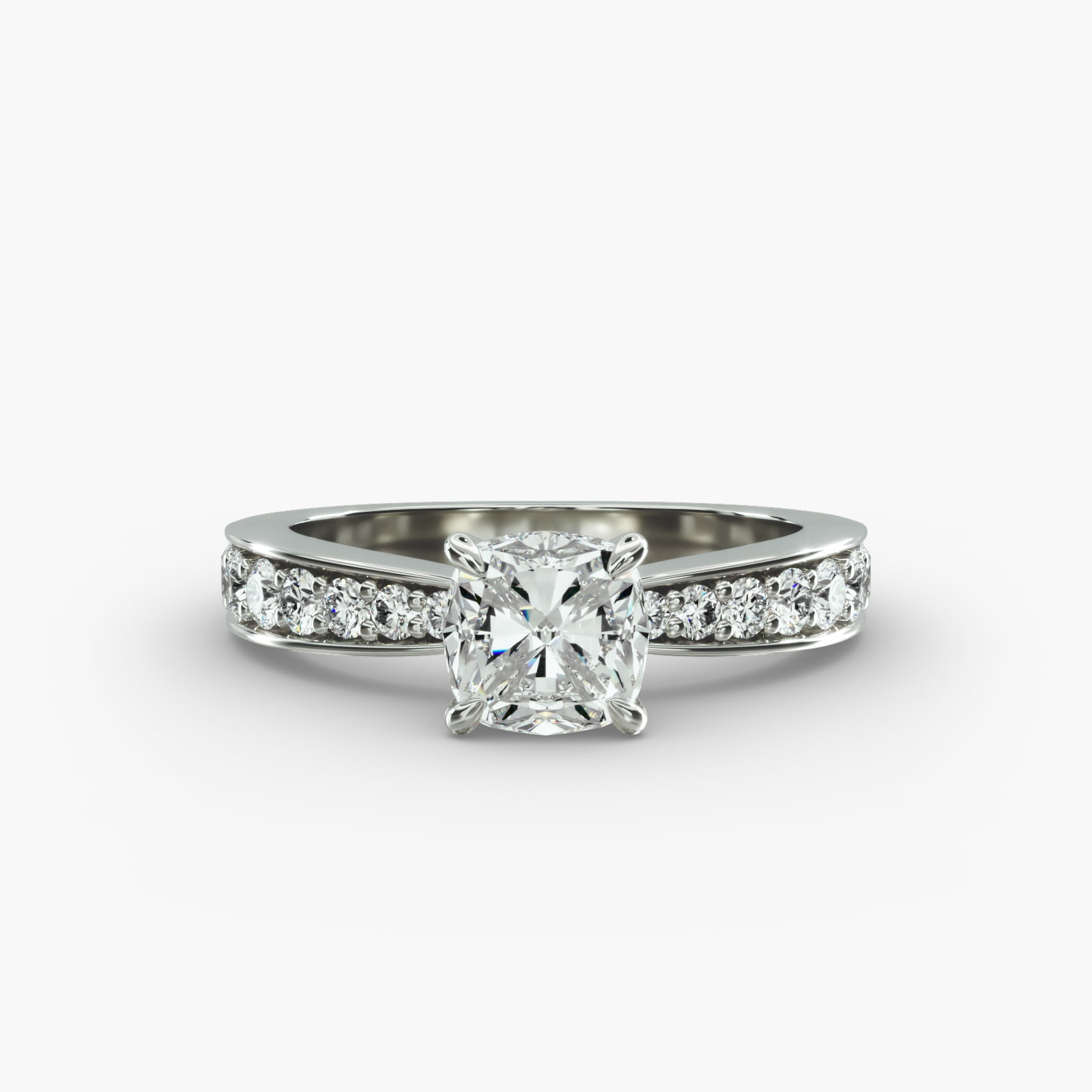 Close-up, high-magnification image of the GIA 5.02 carat E-FL cushion modified diamond ring on a white background, showcasing the "Ideal Cut" and flawless clarity of the center stone.