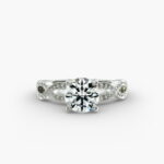 A detailed close-up of a GIA 1.53 carat round brilliant cut diamond ring on a white background, emphasizing the intricate design of the infinity band and the excellent cut of the center diamond.