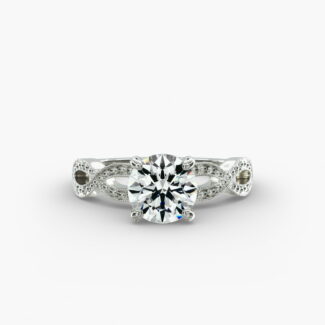 A detailed close-up of a GIA 1.53 carat round brilliant cut diamond ring on a white background, emphasizing the intricate design of the infinity band and the excellent cut of the center diamond.