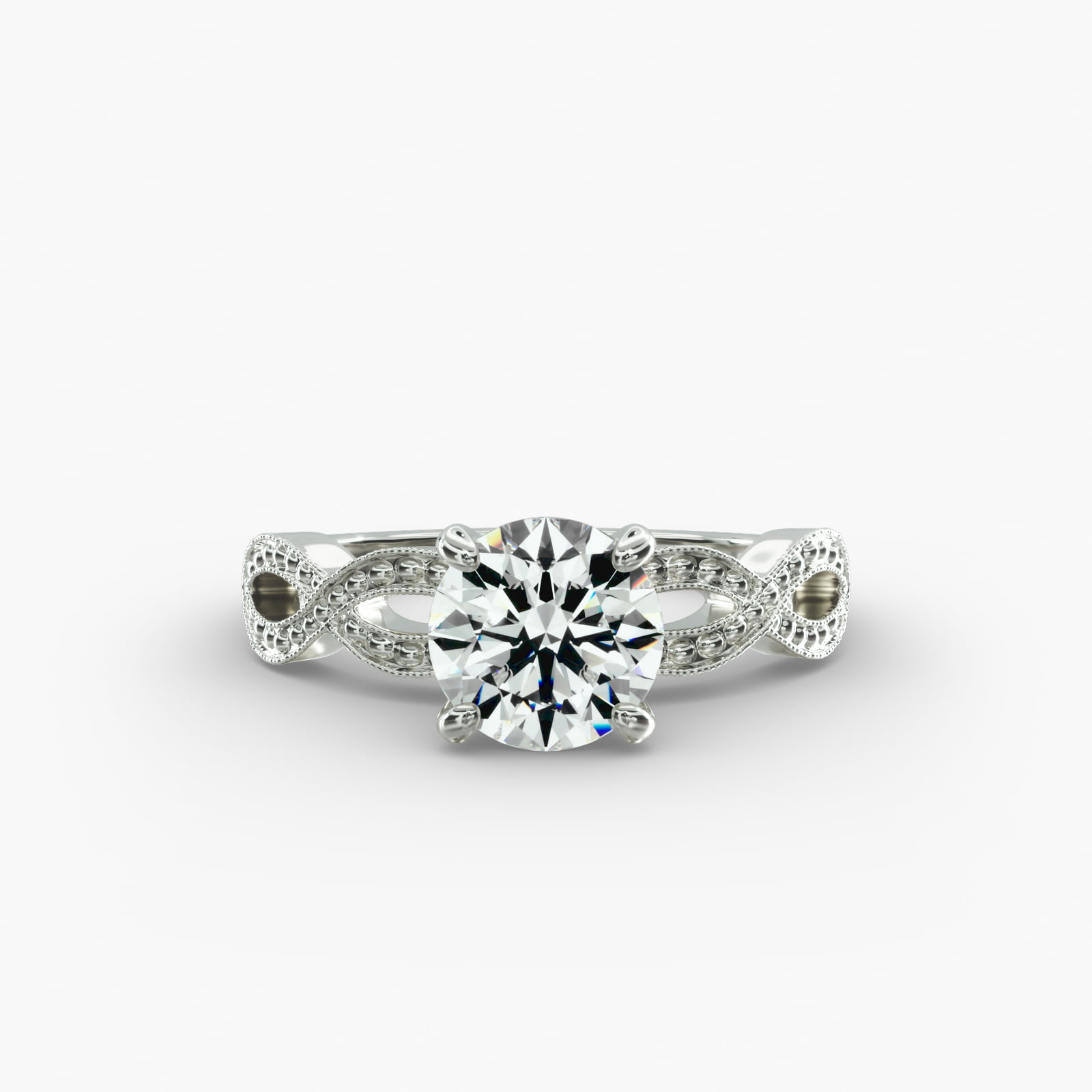 A detailed close-up of a GIA 1.53 carat round brilliant cut diamond ring on a white background, emphasizing the intricate design of the infinity band and the excellent cut of the center diamond.