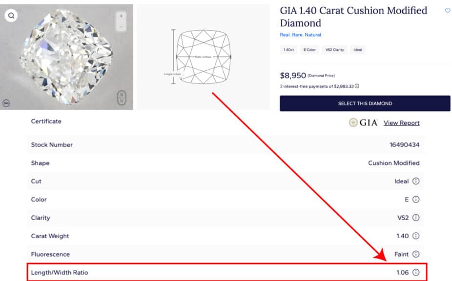 A screenshot of a diamond listing page for a GIA 1.40-carat cushion modified diamond, showing its price, GIA report details, and specifications including an E color, VS2 clarity, and a length/width ratio of 1.06.