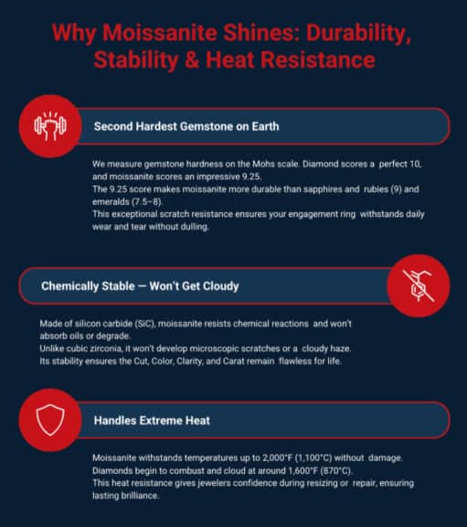 A vertical infographic with a dark blue background and red accents that explains the scientific reasons for moissanite's longevity. Under the title "Why Moissanite Shines: Durability, Stability & Heat Resistance," it lists three key points, each with an icon and a detailed explanation: "Second Hardest Gemstone on Earth," "Chemically Stable – Won’t Get Cloudy," and "Handles Extreme Heat." The graphic is designed to be informative and reassuring for potential buyers.
An infographic titled "Why Moissanite Shines: Durability, Stability & Heat Resistance." It details three key scientific properties of moissanite: 1. It is the second hardest gemstone on Earth, with a 9.25 Mohs rating, ensuring scratch resistance. 2. It is chemically stable and made of silicon carbide, meaning it won't get cloudy. 3. It handles extreme heat up to 2,000°F, making it durable during jewelry repairs.
