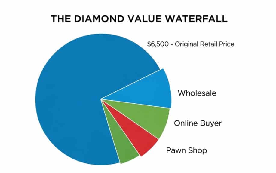 An educational pie chart infographic titled "The Diamond Value Waterfall," designed to visually explain the depreciation and resale value of a diamond ring. The chart starts with the full circle representing the Original Retail Price of $6,500. Subsequent, smaller slices are cut out of the original value to represent different selling options and their diminishing returns. A blue slice shows the initial drop to Wholesale value. A green slice represents the typical cash offer from a professional Online Buyer. The smallest, red slice, labeled Pawn Shop, visually demonstrates that this is the worst financial option when selling a diamond ring. The chart serves as a powerful visual metaphor to show sellers the reality of diamond pawn prices and why alternatives like an online buyer yield a much better return than a typical pawn shop valuation.