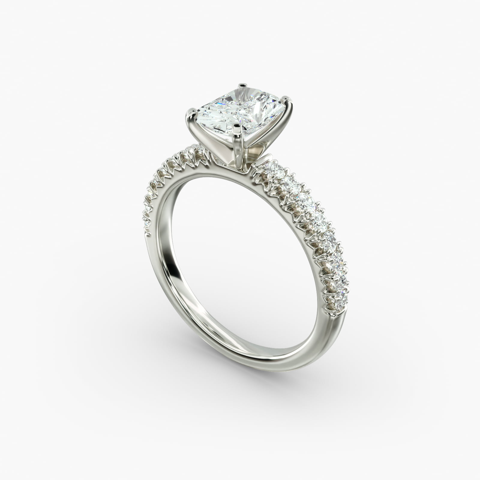 A close-up studio shot of a 3ct radiant cut diamond ring, highlighting the G-VVS2 clarity of the center stone and the intricate pavé setting.