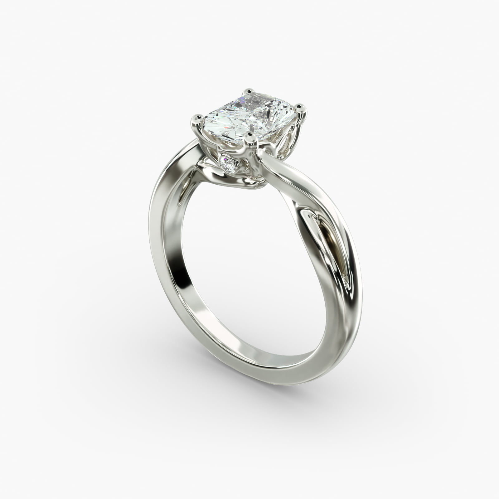 A close-up side view of a 3.5 carat radiant cut diamond ring, showcasing the narrow 1.80mm platinum band and the subtle Twist Solitaire Plus details.