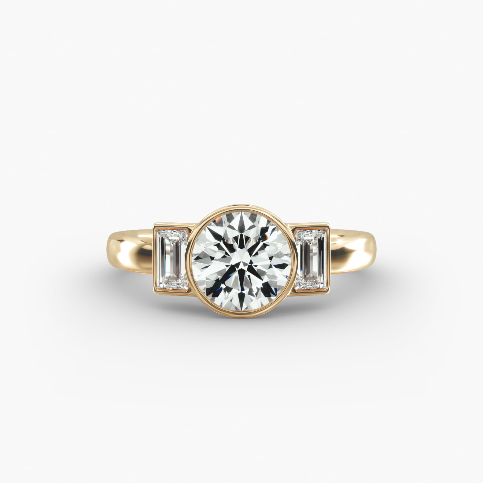 Bezel Three Stone Hearts and Arrows Diamond Engagement Ring in 18K Yellow Gold