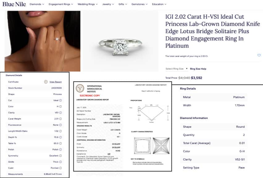A summary screenshot of a completed lab-grown ring on Blue Nile, detailing a 2.01 carat H-VS1 princess diamond in a platinum setting for a final price of $3,592.