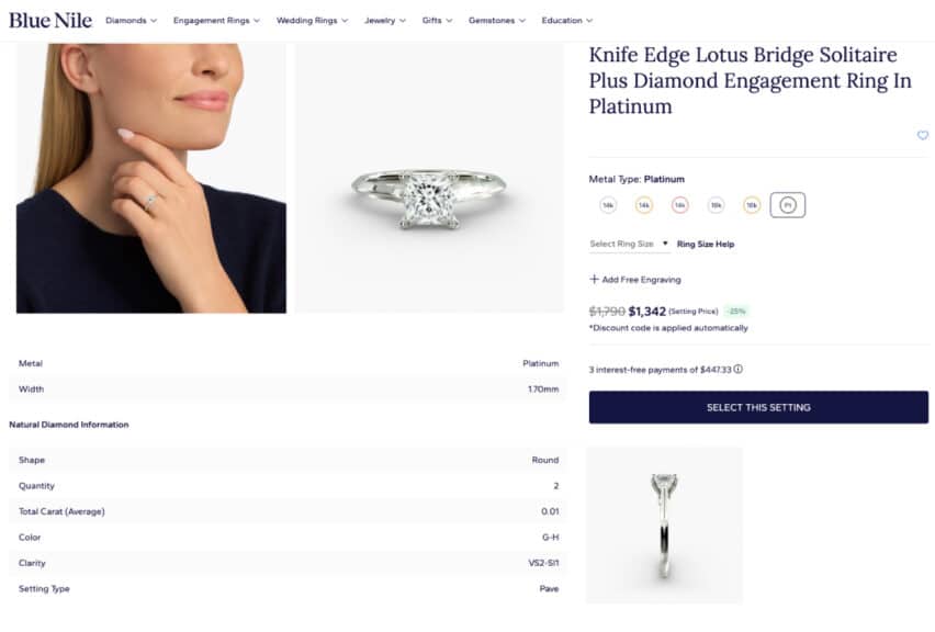 The product page for the Knife Edge Lotus Bridge setting in platinum, showing a 25% discount bringing the price to $1,342 and detailing the unique lotus design.