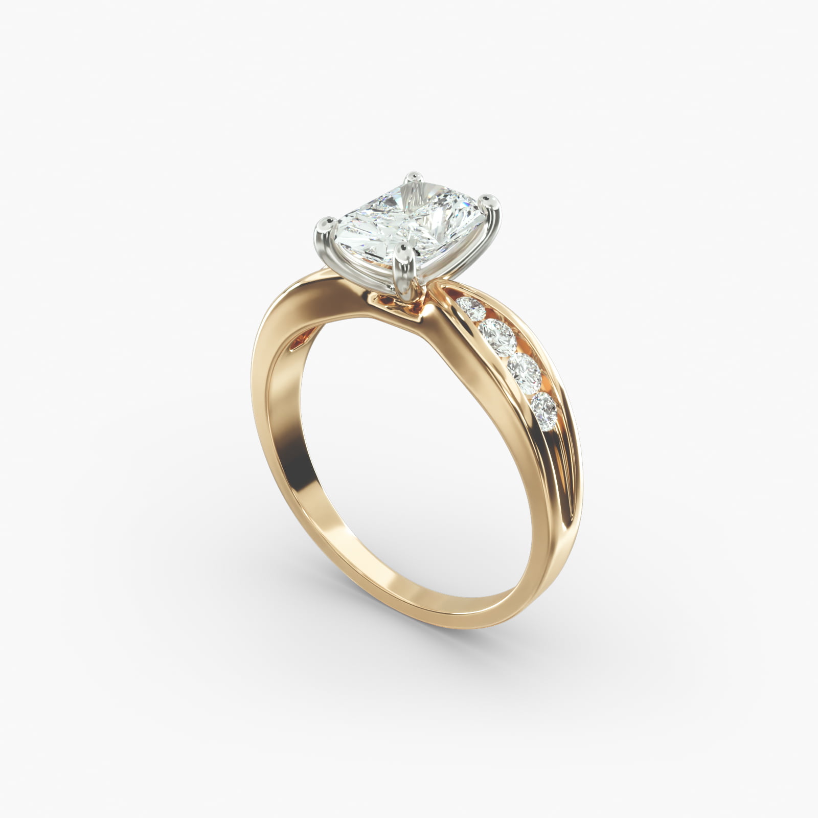Bow-Tie 2.5 Carat Radiant Cut Diamond Ring with D-VS2 Diamond in Yellow Gold side view 2 A close-up side view of a 2.5 carat radiant cut diamond ring in 14k yellow gold, highlighting the channel-set diamonds.