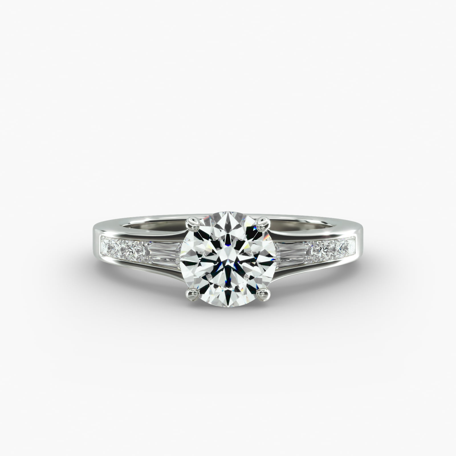 A close-up studio shot of a **Hearts and Arrows Diamond Engagement Ring**, highlighting the precise cut of the main diamond and the sleek, geometric lines of the tapered baguette side diamonds in a platinum setting.
