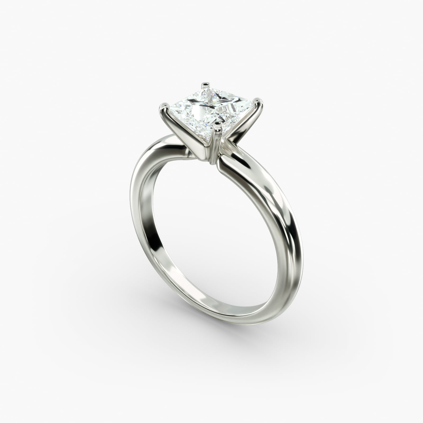 Classic Solitaire 2 Carat Princess Cut Lab-Grown Diamond Engagement Ring in 14k White Gold 2 A close-up side view of a simple solitaire 2 carat princess cut lab-grown diamond engagement ring, highlighting the stone's setting in 14k white gold.