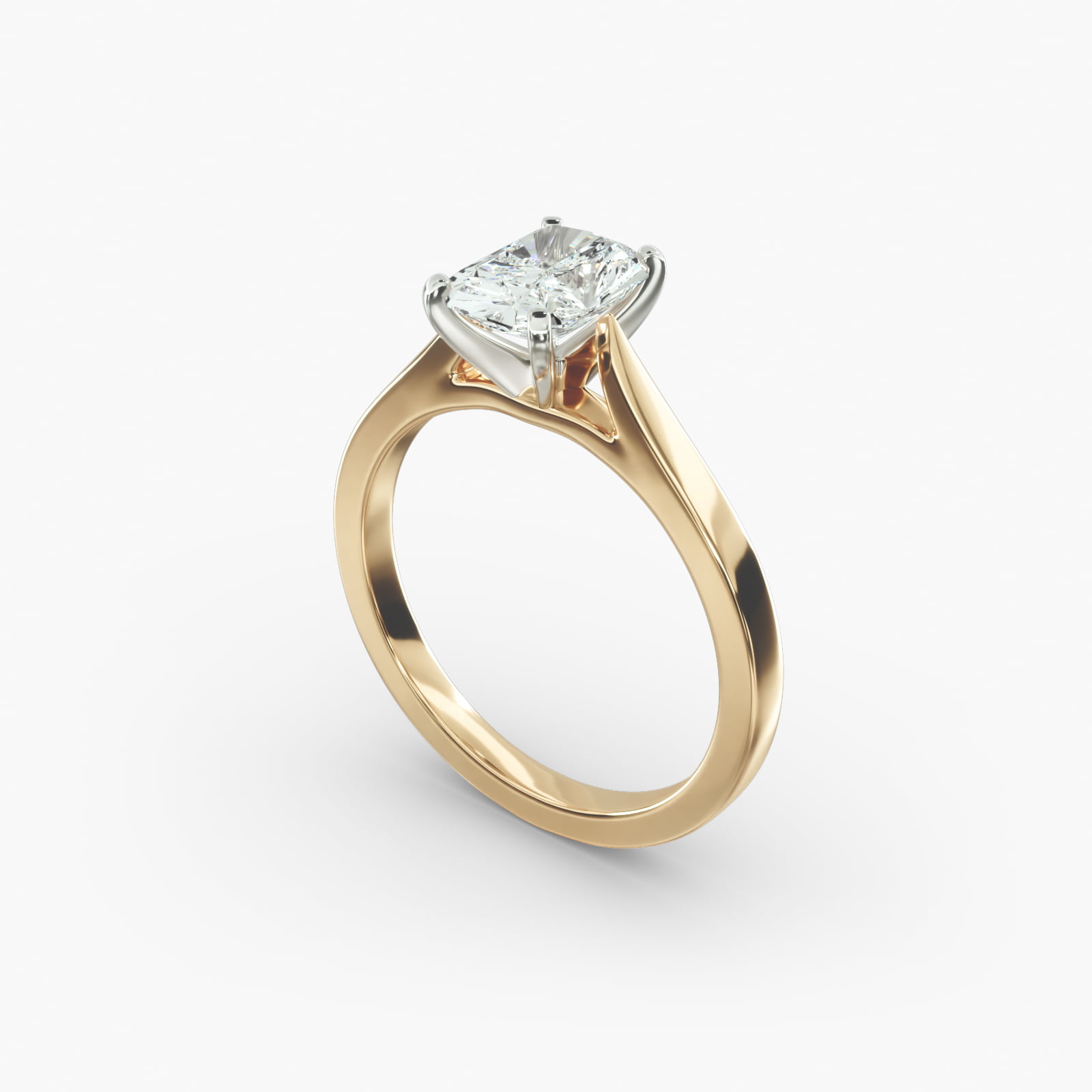 D-IF 3 Carat Radiant Cut Lab Grown Diamond Ring | Petite Cathedral Solitaire 2 A close-up side view of a 3 ct radiant cut diamond ring, highlighting the Petite Cathedral setting and the elongated shape.