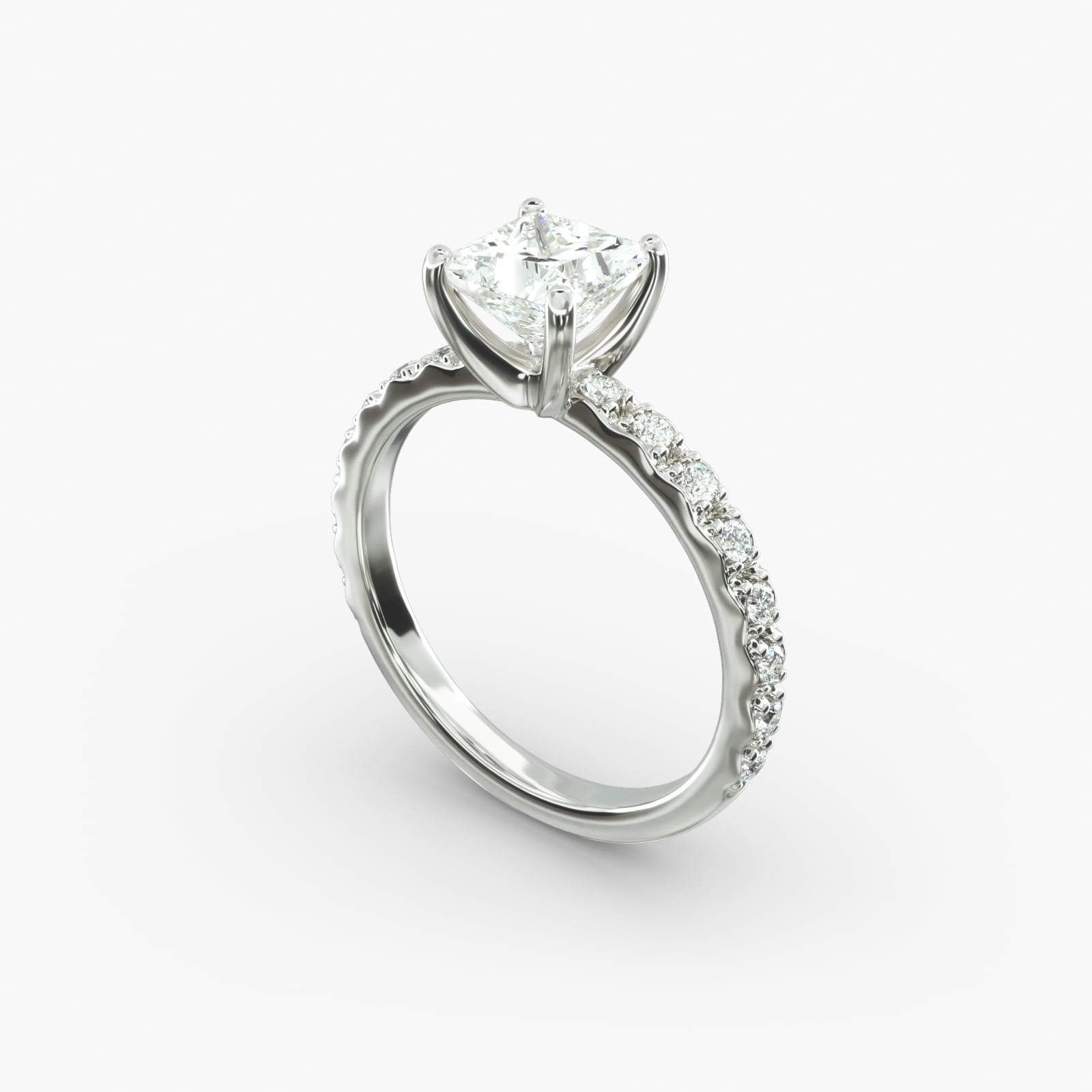 French Cut Pavé Princess 7 Carat Diamond Ring in 14K White Gold 2 A close-up studio shot of a **7 carat diamond ring**, highlighting the sharp corners of the Princess cut diamond and the delicate detail of the French pavé side stones.