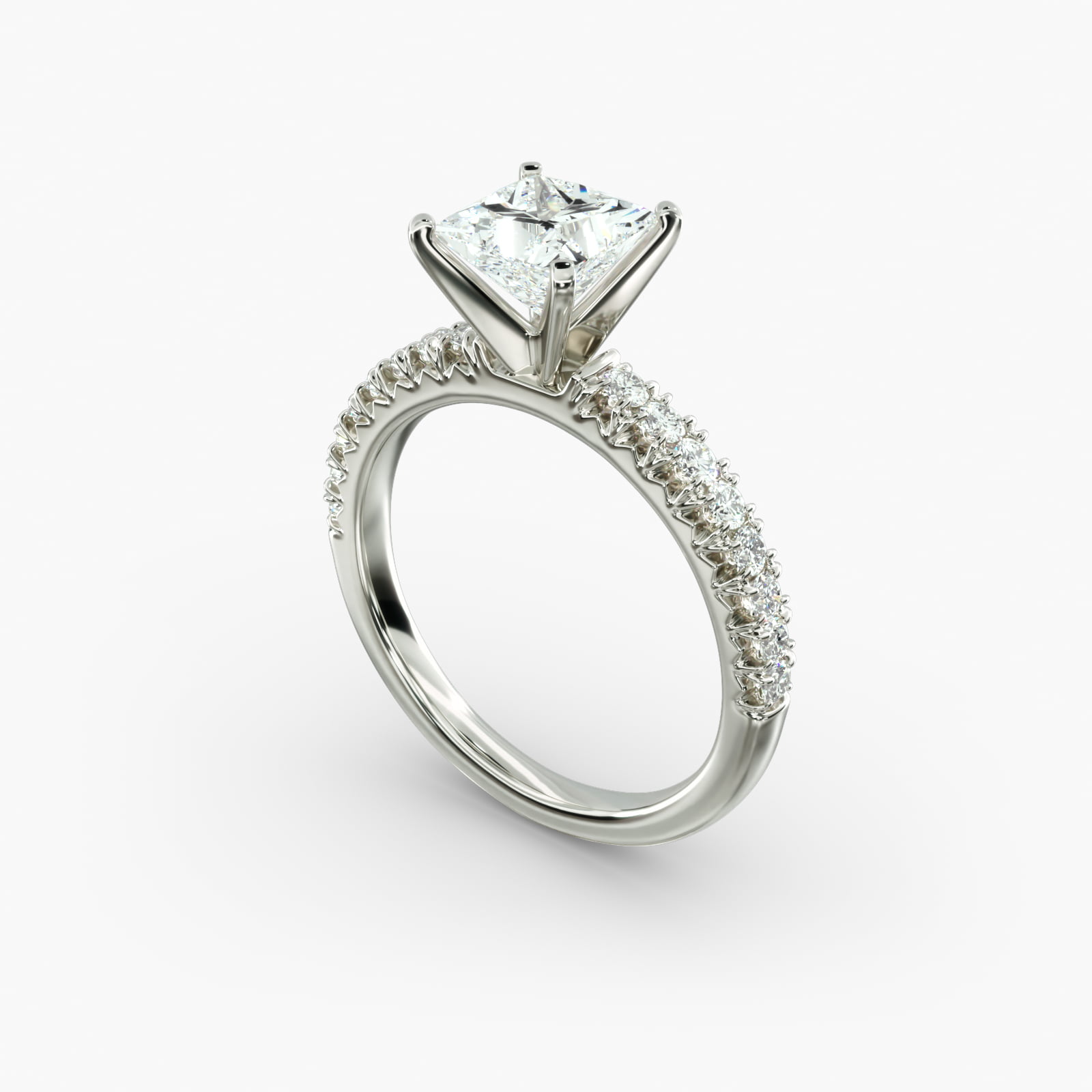A close-up side view of a 2 carat princess cut diamond engagement ring, highlighting the F-VVS1 clarity of the center stone and the detailed French pavé setting.