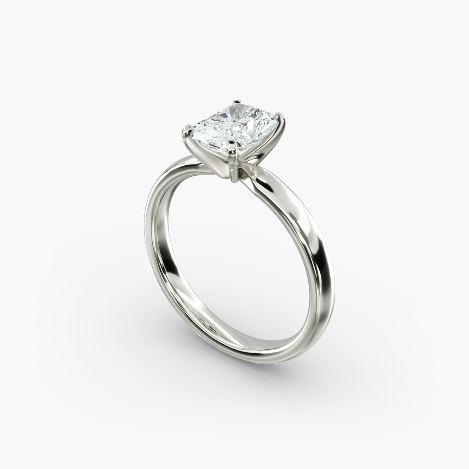 H-VS2 5 Carat Radiant Cut Natural Diamond Ring side view A close-up side view of a 5 ct radiant cut diamond ring, showcasing the durable 2.50mm Platinum Comfort Fit band.