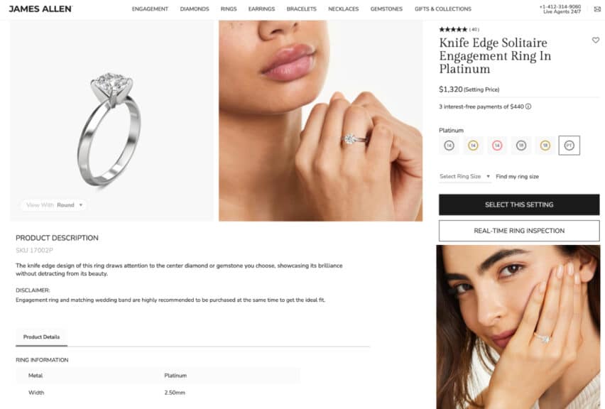The product page for the Knife Edge Solitaire setting in platinum on James Allen, priced at $1,320, showcasing its classic and minimalist design from multiple angles.