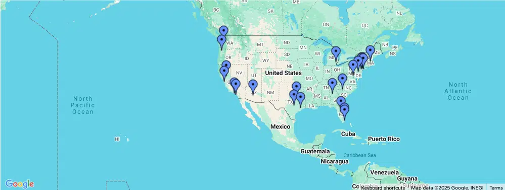 Map of all Blue Nile jewelry store locations and showrooms across the United States