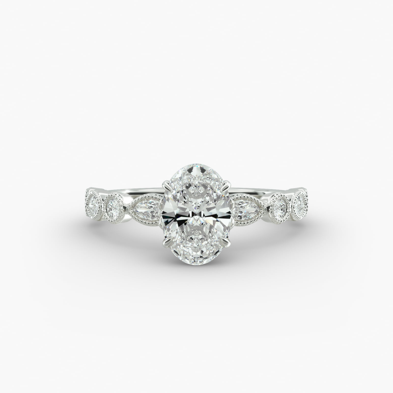 A close-up studio shot of a 7 carat diamond ring, highlighting the elegant shape of the oval diamond and the sparkling marquise side stones.