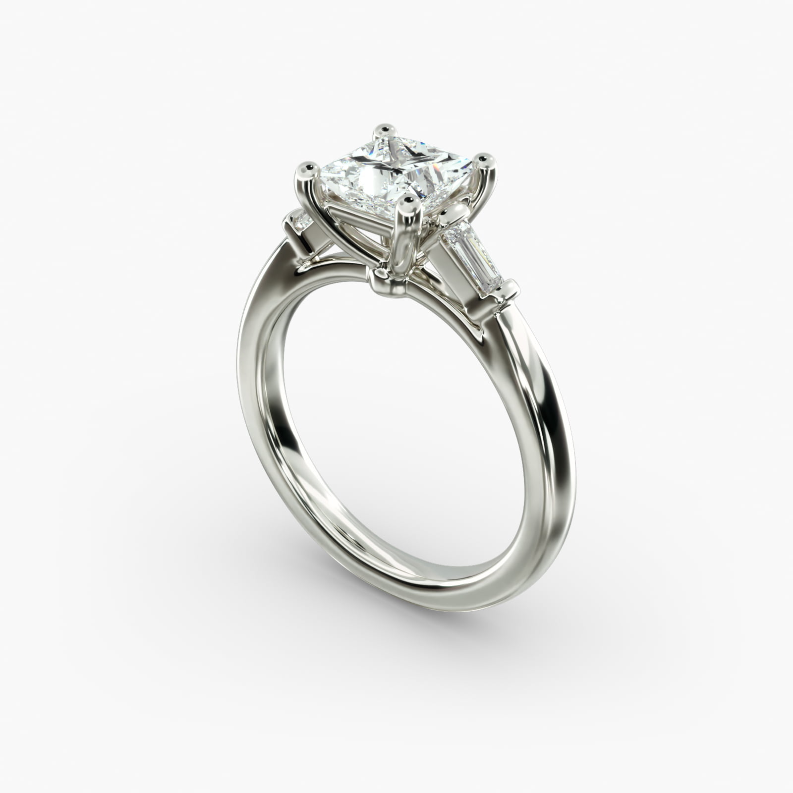 A close-up studio shot of a 2 carat princess cut diamond engagement ring, highlighting the straight lines of the princess and baguette diamonds set in 14K white gold.